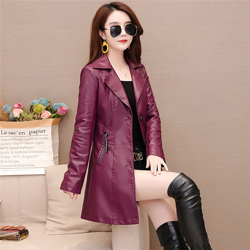 Long Women's Leather Coat slim Fashion punk leather Blazer