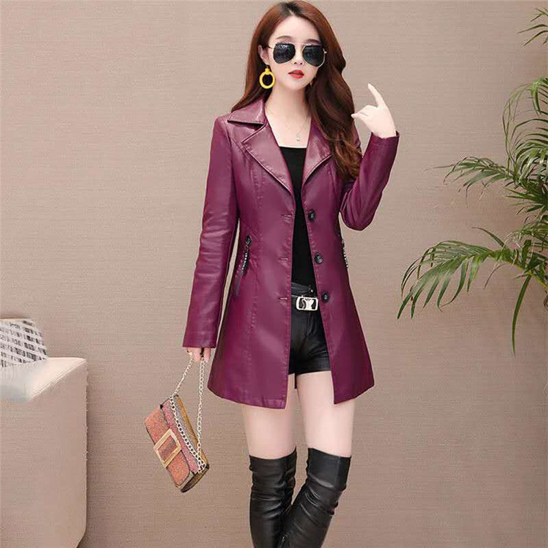 Long Women's Leather Coat slim Fashion punk leather Blazer