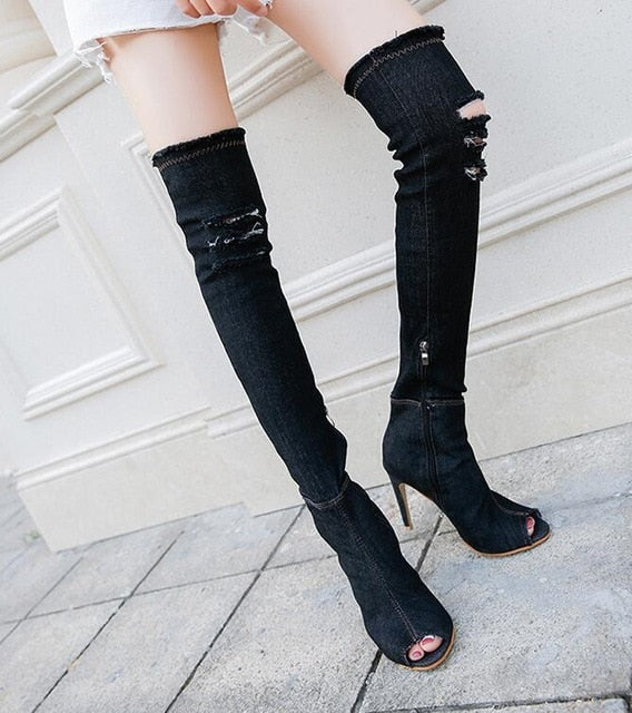 2020 Hot Fashion Women Boots High Heels Spring Autumn Peep Toe Over The Knee Boots Tight High Stiletto Jeans Boots