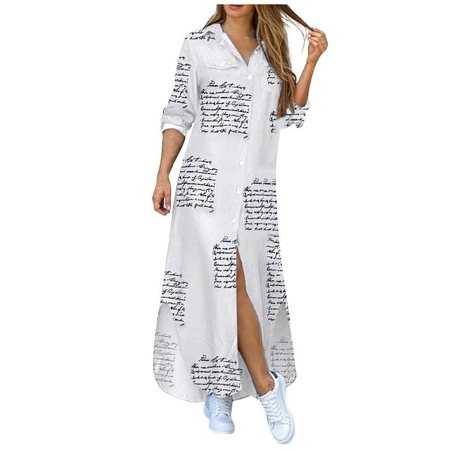 Autumn Long Dress Long Sleeve Shirt Dress Women Denim Long Dresses Pocket Button Shirt Print Dress Casual Loose Dresses 2021