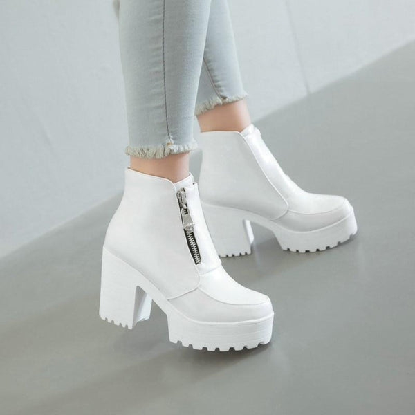 Chunky High Heels Zipper Front Women Ankle Boots