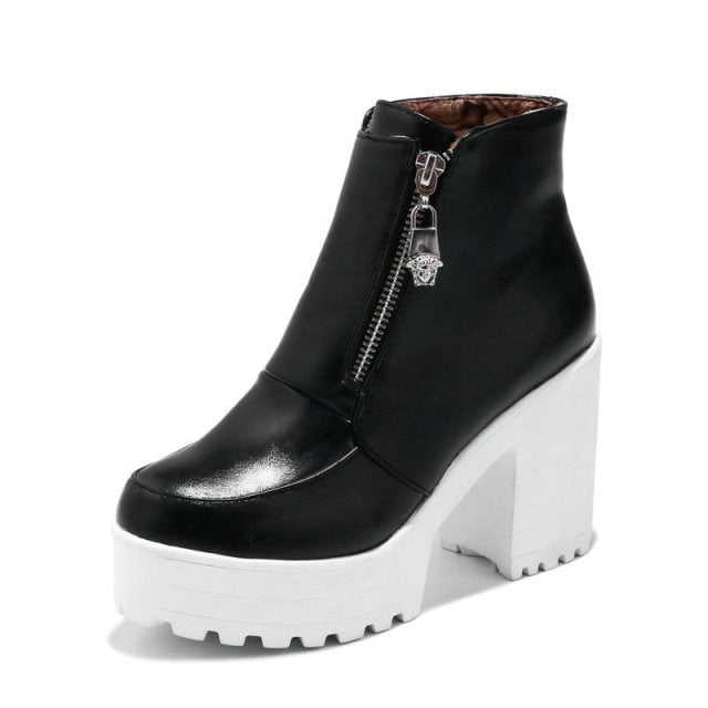 Chunky High Heels Zipper Front Women Ankle Boots
