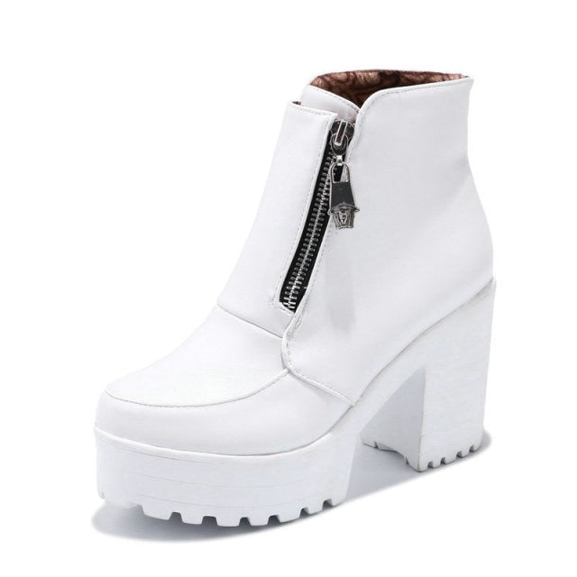 Chunky High Heels Zipper Front Women Ankle Boots