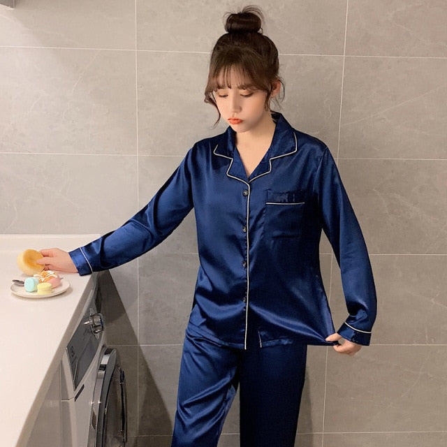Solid Color Sleepwear Silk Satin Pajamas