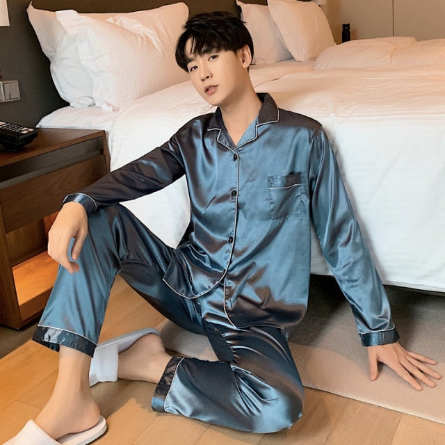 Solid Color Sleepwear Silk Satin Pajamas