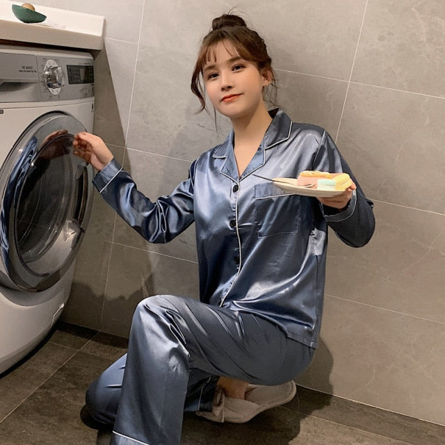 Solid Color Sleepwear Silk Satin Pajamas