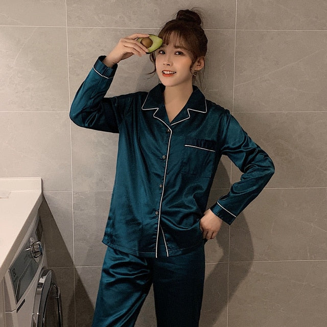 Solid Color Sleepwear Silk Satin Pajamas