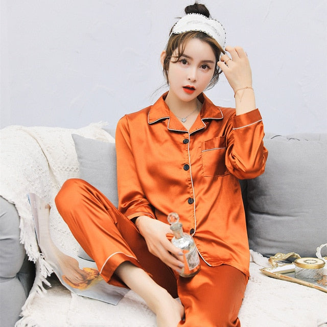 Solid Color Sleepwear Silk Satin Pajamas