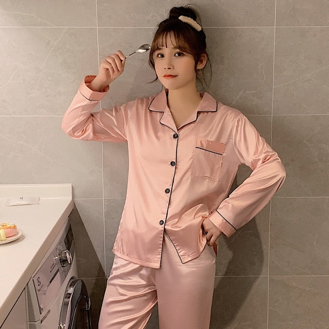 Solid Color Sleepwear Silk Satin Pajamas