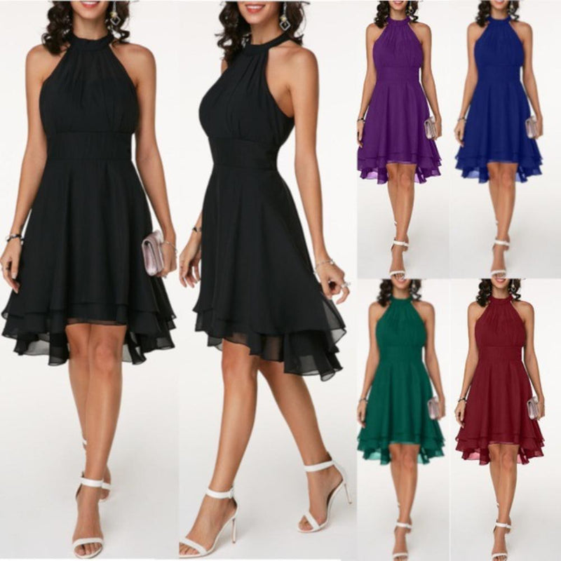 HOT SALES！！！New Arrival Women Elegant Solid Color Soft Halter Sleeveless Asymmetric Hem One Piece Dress Wholesale Dropshipping
