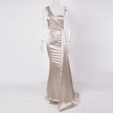 One Shoulder Padded Sexy Satin Maxi Dress Women's Evening Party Dress Gown with Ribbon Royal Blue Green Draped Long Dress