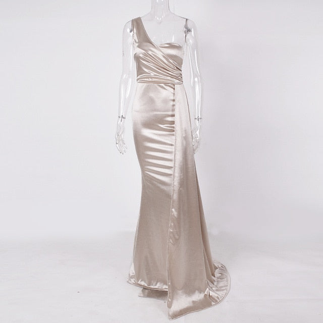 One Shoulder Padded Sexy Satin Maxi Dress Women's Evening Party Dress Gown with Ribbon Royal Blue Green Draped Long Dress