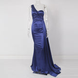 One Shoulder Padded Sexy Satin Maxi Dress Women's Evening Party Dress Gown with Ribbon Royal Blue Green Draped Long Dress