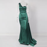 One Shoulder Padded Sexy Satin Maxi Dress Women's Evening Party Dress Gown with Ribbon Royal Blue Green Draped Long Dress