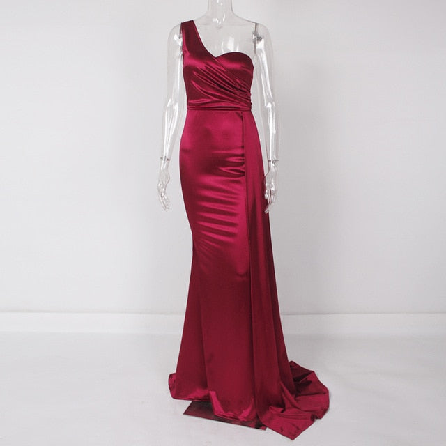 One Shoulder Padded Sexy Satin Maxi Dress Women's Evening Party Dress Gown with Ribbon Royal Blue Green Draped Long Dress