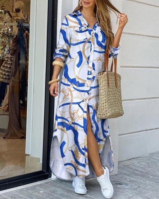 Autumn Long Dress Long Sleeve Shirt Dress Women Denim Long Dresses Pocket Button Shirt Print Dress Casual Loose Dresses 2021