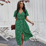 New Ladies Vintage Maxi Floral Print Summer Dress Women Slim Casual High Waist Button Bohemian Women Beach Dress Vestidos Female