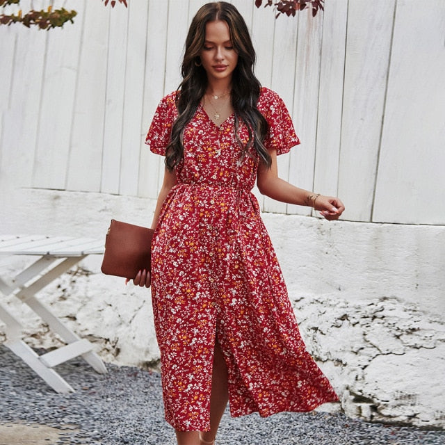 New Ladies Vintage Maxi Floral Print Summer Dress Women Slim Casual High Waist Button Bohemian Women Beach Dress Vestidos Female
