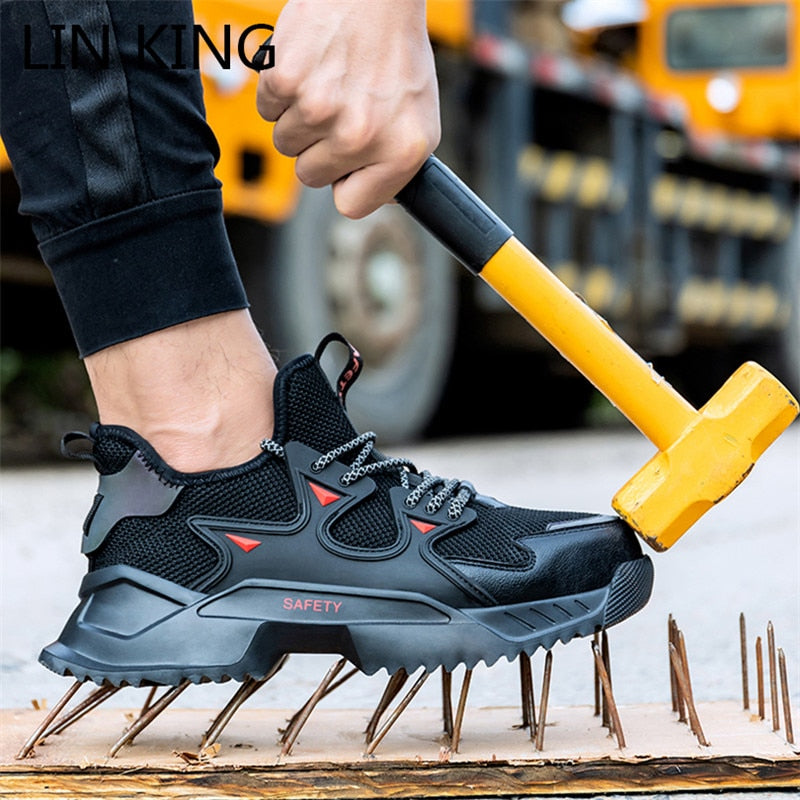 LIN KING Big Size Mens Work Boots Safety Steel Toe Shoes Anti Smashing Puncture Proof Working Sneakers Anti Slip Man Ankle Botas