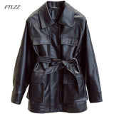 Slim PU Coats Women Faux Leather Elegant Tie Belt Waist Pockets Buttons Coats
