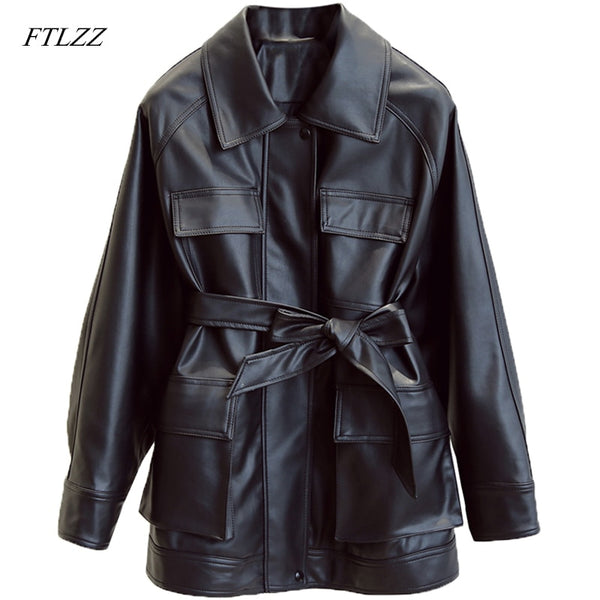 Slim PU Coats Women Faux Leather Elegant Tie Belt Waist Pockets Buttons Coats