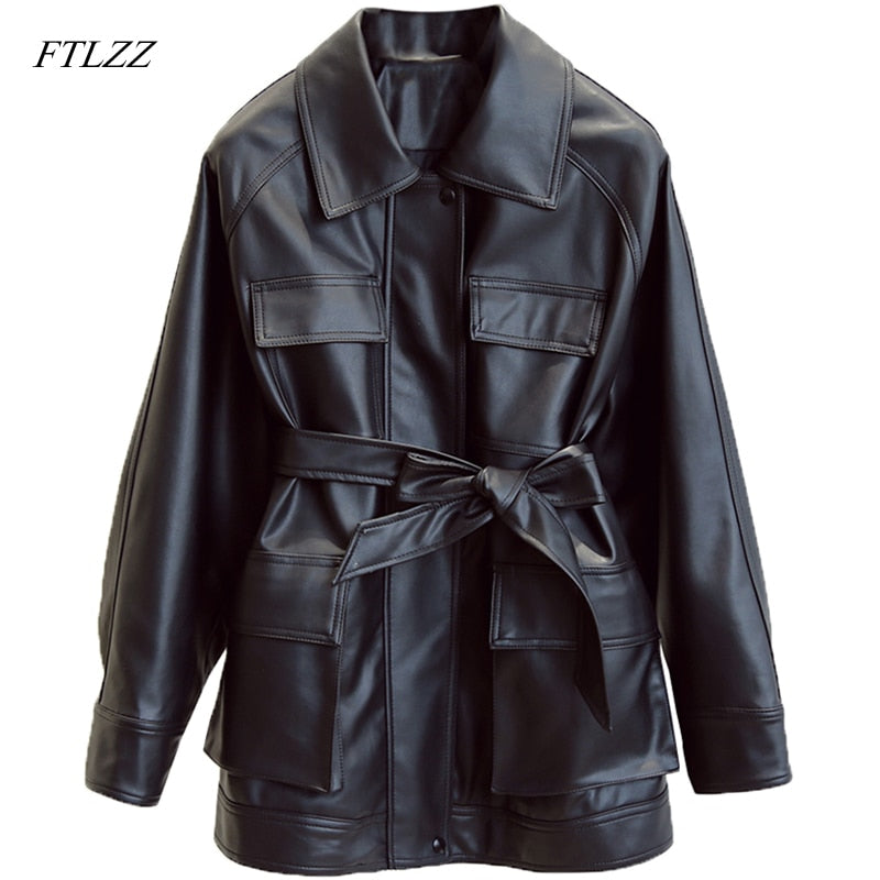 Slim PU Coats Women Faux Leather Elegant Tie Belt Waist Pockets Buttons Coats