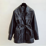 Slim PU Coats Women Faux Leather Elegant Tie Belt Waist Pockets Buttons Coats
