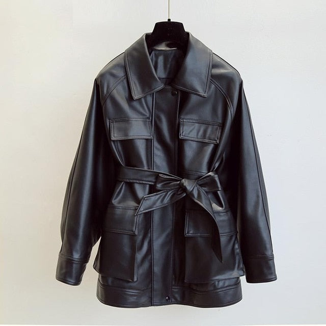 Slim PU Coats Women Faux Leather Elegant Tie Belt Waist Pockets Buttons Coats