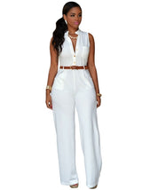 Formal Jumpsuit Wide Leg Pant Women Office Solid Color Sleeveless Belt Shirt Jumpsuit Basic V Neck Single Breasted Jumpsuit Work