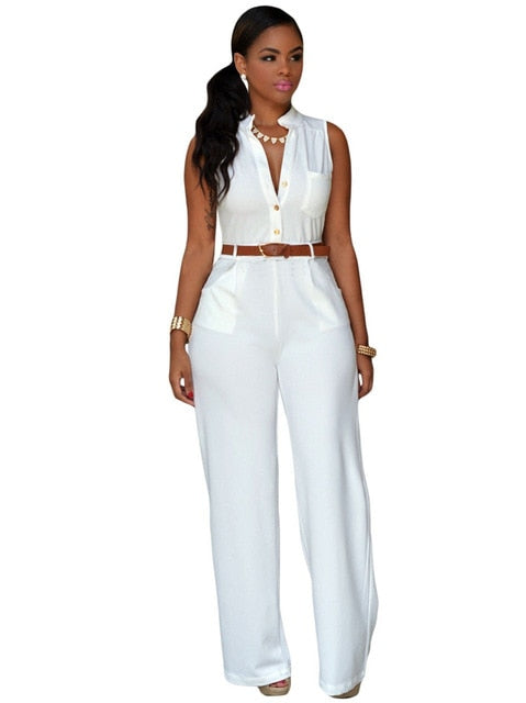 Formal Jumpsuit Wide Leg Pant Women Office Solid Color Sleeveless Belt Shirt Jumpsuit Basic V Neck Single Breasted Jumpsuit Work