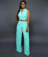 Formal Jumpsuit Wide Leg Pant Women Office Solid Color Sleeveless Belt Shirt Jumpsuit Basic V Neck Single Breasted Jumpsuit Work