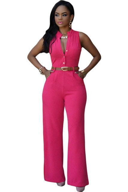 Formal Jumpsuit Wide Leg Pant Women Office Solid Color Sleeveless Belt Shirt Jumpsuit Basic V Neck Single Breasted Jumpsuit Work