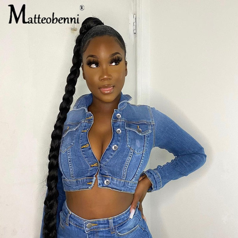 Fashion Girls Short Denim Jackets 2021 New Pocket Single-breasted Long Sleeves Lapel Women Casual Slim Streetwear Short Jackets