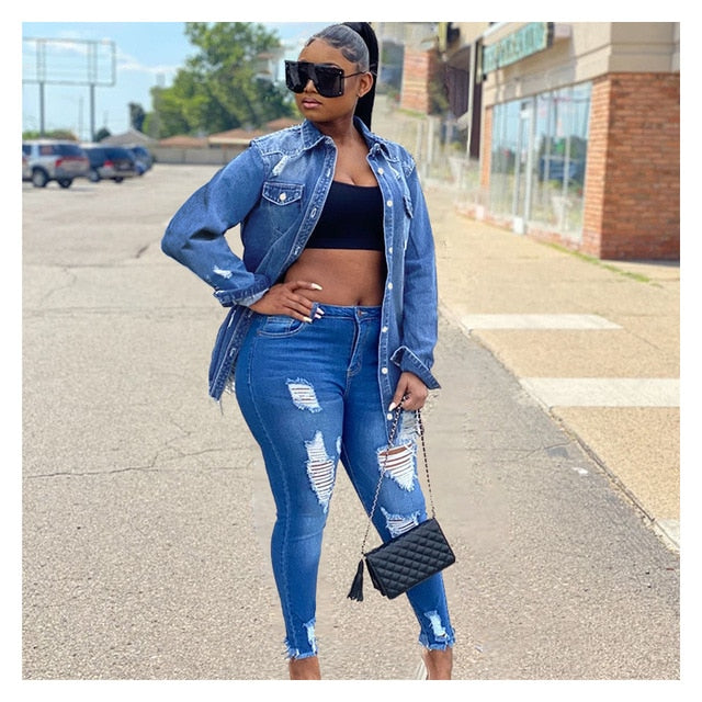 Jean Jacket Women Denim Jackets Blue Jean Jacket Hot Tassel Ripped Denim Jacket Women Hole New Fashion Denim Blue Long Coat