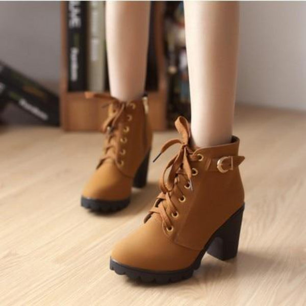 Lace-Up European Ladies Shoes PU High Heels