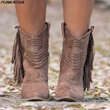 PUIMENTIUA Tassel Western Cowboy Boots for Women Leather Cowgirl Boots Low Heels Shoes  Winter Boots Zapatos De Mujer