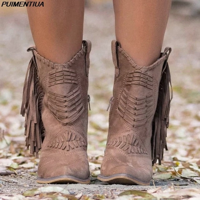 PUIMENTIUA Tassel Western Cowboy Boots for Women Leather Cowgirl Boots Low Heels Shoes  Winter Boots Zapatos De Mujer