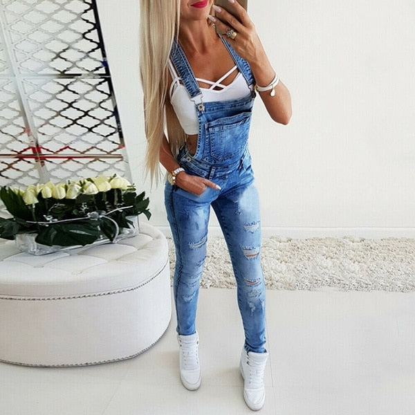Overalls Women Denim Skinny Washed Jumpsuit Slim Fit Long Solid Color Pocket Ripped Jeans Fashion Female Romper Overalls