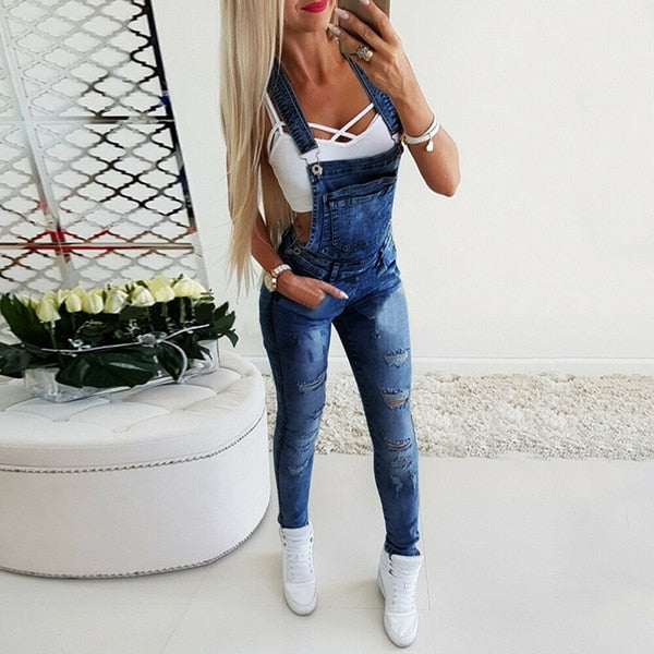 Overalls Women Denim Skinny Washed Jumpsuit Slim Fit Long Solid Color Pocket Ripped Jeans Fashion Female Romper Overalls