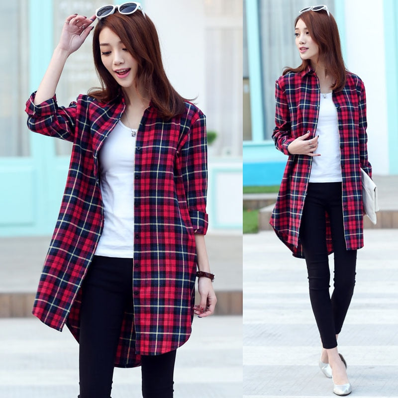 Long Plaid Flannel Shirt Button Shirt