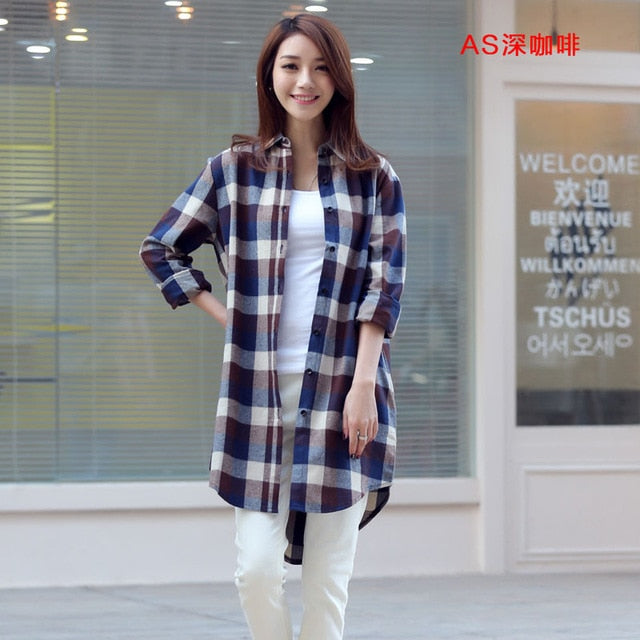 Long Plaid Flannel Shirt Button Shirt