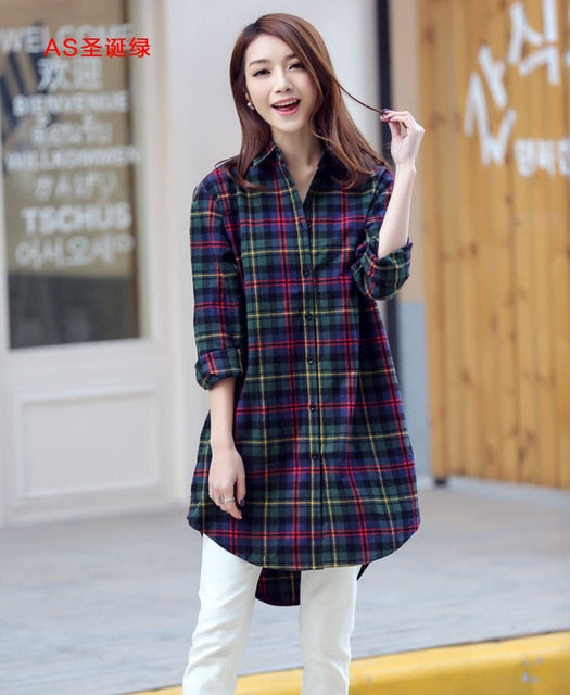 Long Plaid Flannel Shirt Button Shirt