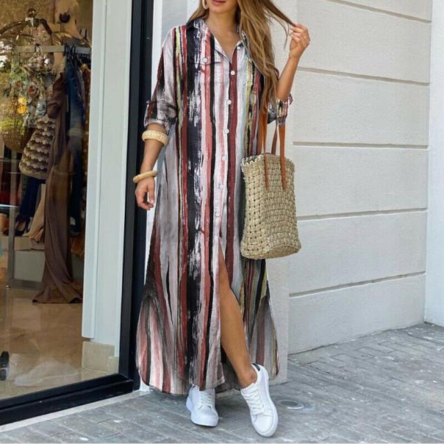 Autumn Long Dress Long Sleeve Shirt Dress Women Denim Long Dresses Pocket Button Shirt Print Dress Casual Loose Dresses 2021