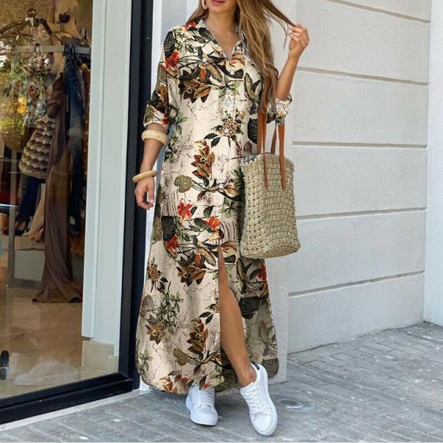 Autumn Long Dress Long Sleeve Shirt Dress Women Denim Long Dresses Pocket Button Shirt Print Dress Casual Loose Dresses 2021