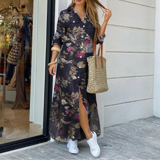 Autumn Long Dress Long Sleeve Shirt Dress Women Denim Long Dresses Pocket Button Shirt Print Dress Casual Loose Dresses 2021
