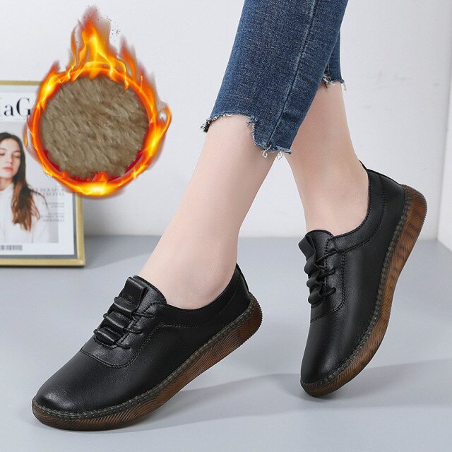 AARDIMI Women Ballet Flat Sport Shoes for Ladies Genuine Leather Flats Female Casual Loafers Shoes Woman Winter Warm Footwear