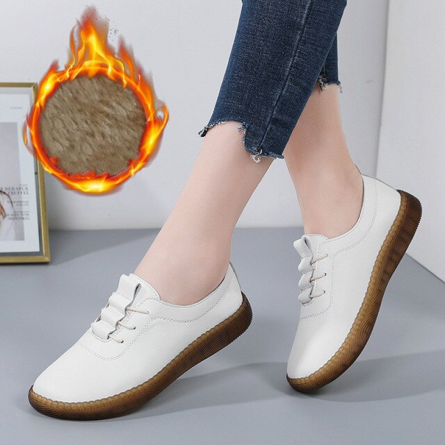 AARDIMI Women Ballet Flat Sport Shoes for Ladies Genuine Leather Flats Female Casual Loafers Shoes Woman Winter Warm Footwear