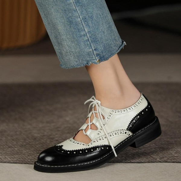 Round Toe Black White Lady Lace Up