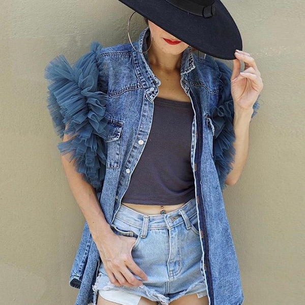 Mesh Yarn Lotus Sleeve High Quality Denim Shirt