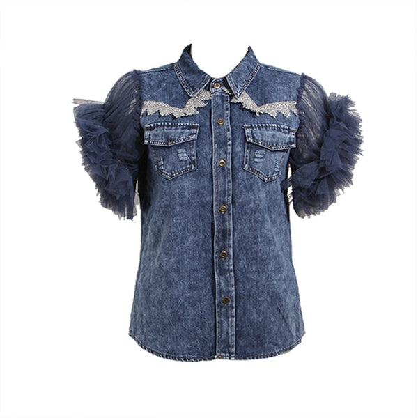Mesh Yarn Lotus Sleeve High Quality Denim Shirt